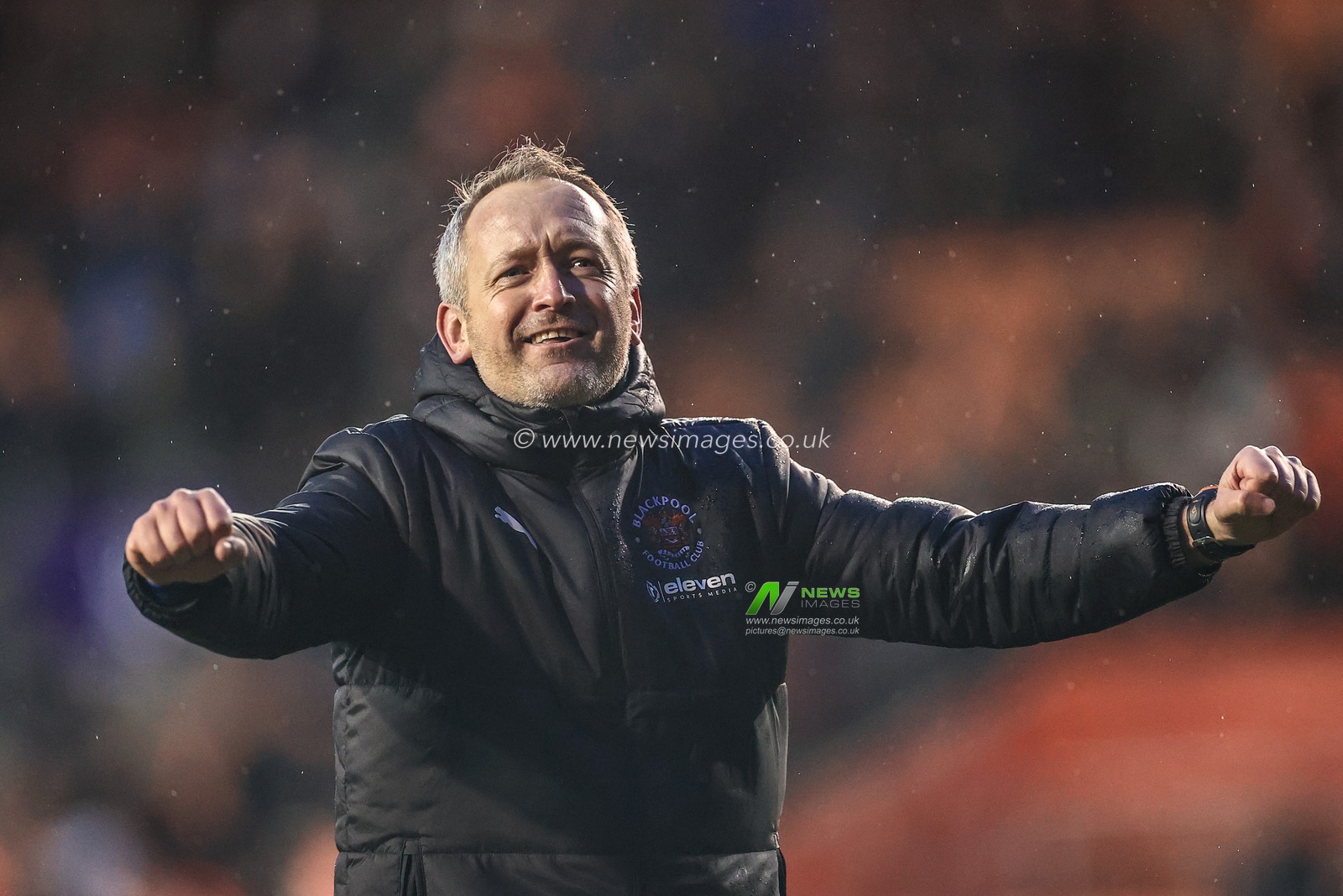 Neil Critchley head coach of Blackpool celebrates with the fans as Blackpool thrash Bristol City 3-1
