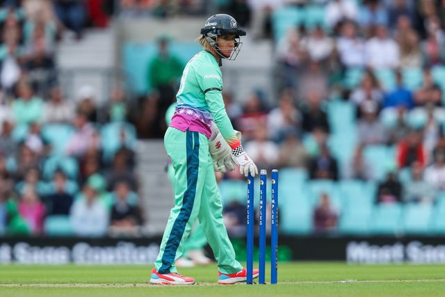 Lauren Winfield-Hill of Oval Invincibles celebrates after dismissing Smriti Mandhana of Southern Brave during the The Hundred match Oval Invincibles Women vs Southern Brave Women at The Kia Oval, London, United Kingdom, 8th August 2024

(Photo by Izzy Poles/News Images)