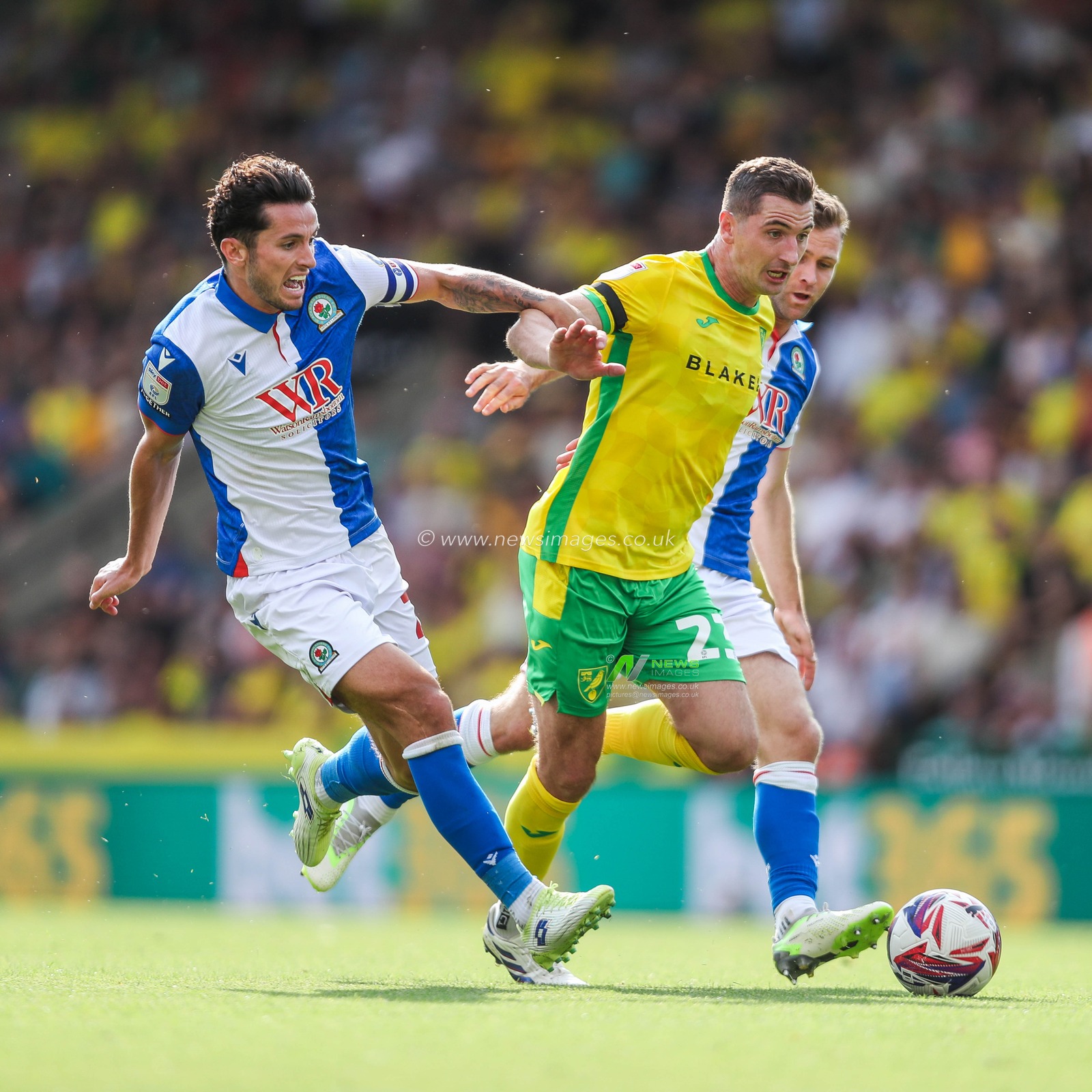 Kenny McLean of Norwich City is put under pressure by Lewis Travis of Blackburn Rovers during the Sky Bet Championship match Norwich City vs Blackburn Rovers at Carrow Road, Norwich, United Kingdom, 17th August 2024

(Photo by Izzy Poles/News Images)