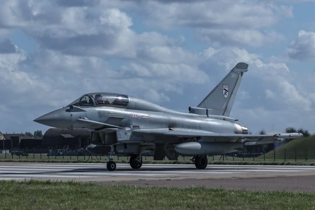 A RAF Eurofighter Typhoon FGR Mk4 taxies back to the pan during a flight training day at RAF Coningsby, Coningsby, United Kingdom, 22nd September 2025

(Photo by Mark Cosgrove/News Images)
