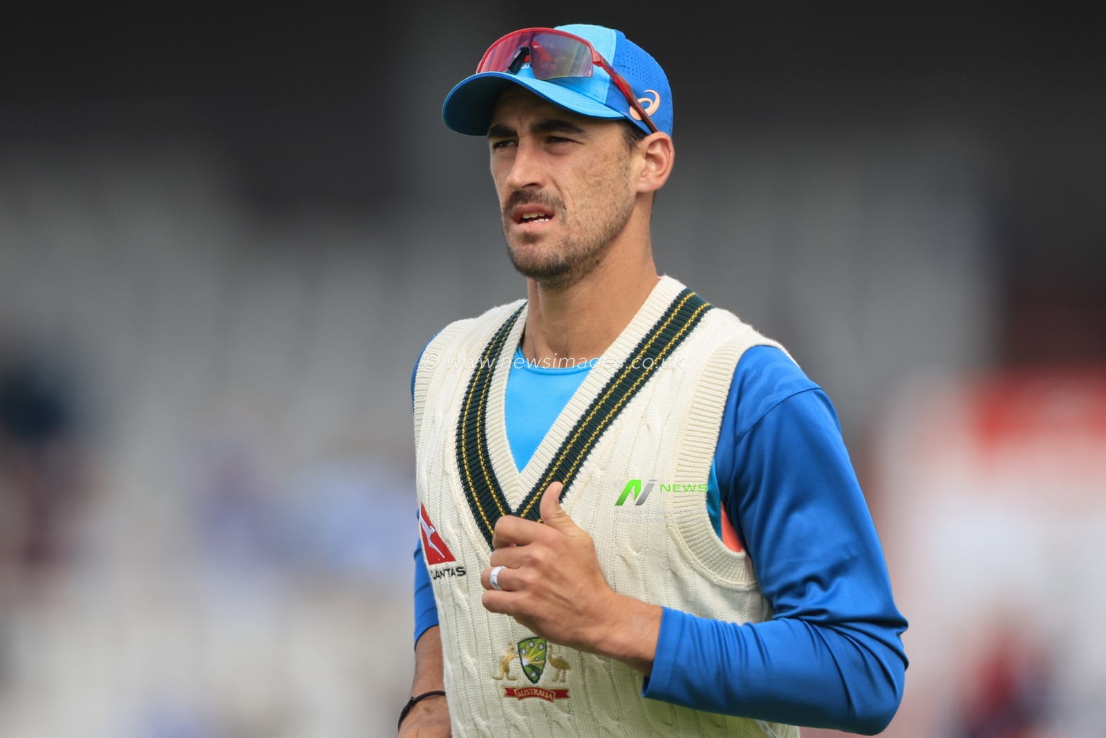 Mitchell Starc of Australia during the warm up ahead of the LV= Insurance Ashes Fourth Test Series Day Two England vs Australia at Old Trafford, Manchester, United Kingdom, 20th July 2023

(Photo by Conor Molloy/News Images)