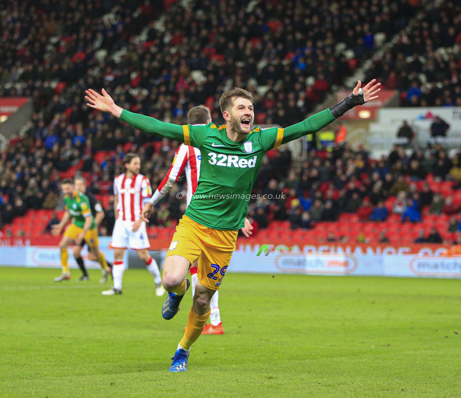 12th February 2020, Bet365 Stadium, Stoke-on-Trent, England; Sky Bet Championship, Stoke City v Preston North End : Tom Barkhuizen (29) of Preston North End celebrates scoring in the 75th minute to make it 0-2 to Preston