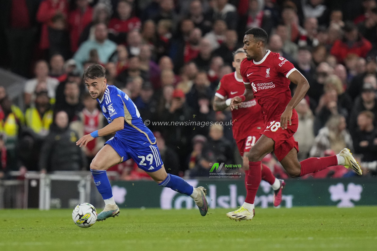 Yunus Akgun #29 of Leicester City breaks past Cody Gakpo #18 of Liverpool during the Carabao Cup Third Round match Liverpool vs Leicester City at Anfield, Liverpool, United Kingdom, 27th September 2023

(Photo by Steve Flynn/News Images)
