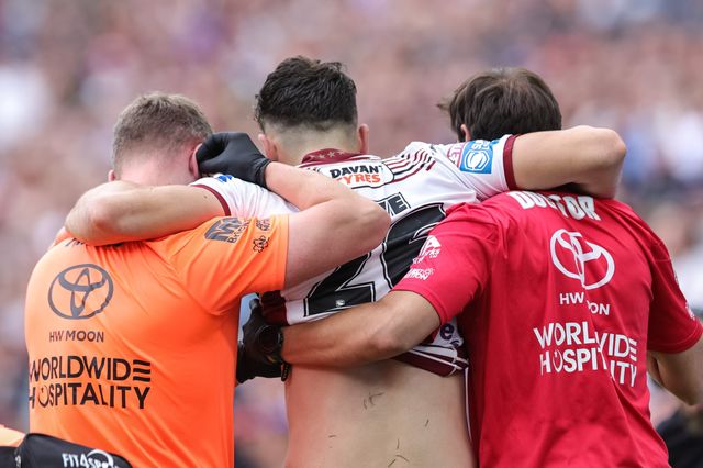 Nathan Lowe of Wigan Warriors receives treatment for a heavy injury during the Betfred Super League Magic Weekend match Wigan Warriors vs St Helens at Hill Dickinson Stadium, Liverpool, United Kingdom on 05 July 2026

(Photo by Mark Cosgrove/News Images)