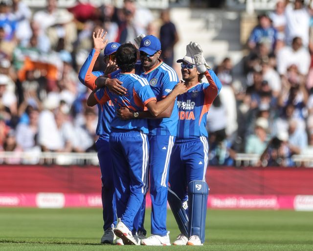 Prince Yadav of India celebrates the wicket of  Jos Buttler of England with teammates during the Third Vitality T20 International match England vs India at Trent Bridge, Nottingham, United Kingdom on 07 July 2026

(Photo by Mark Cosgrove/News Images)