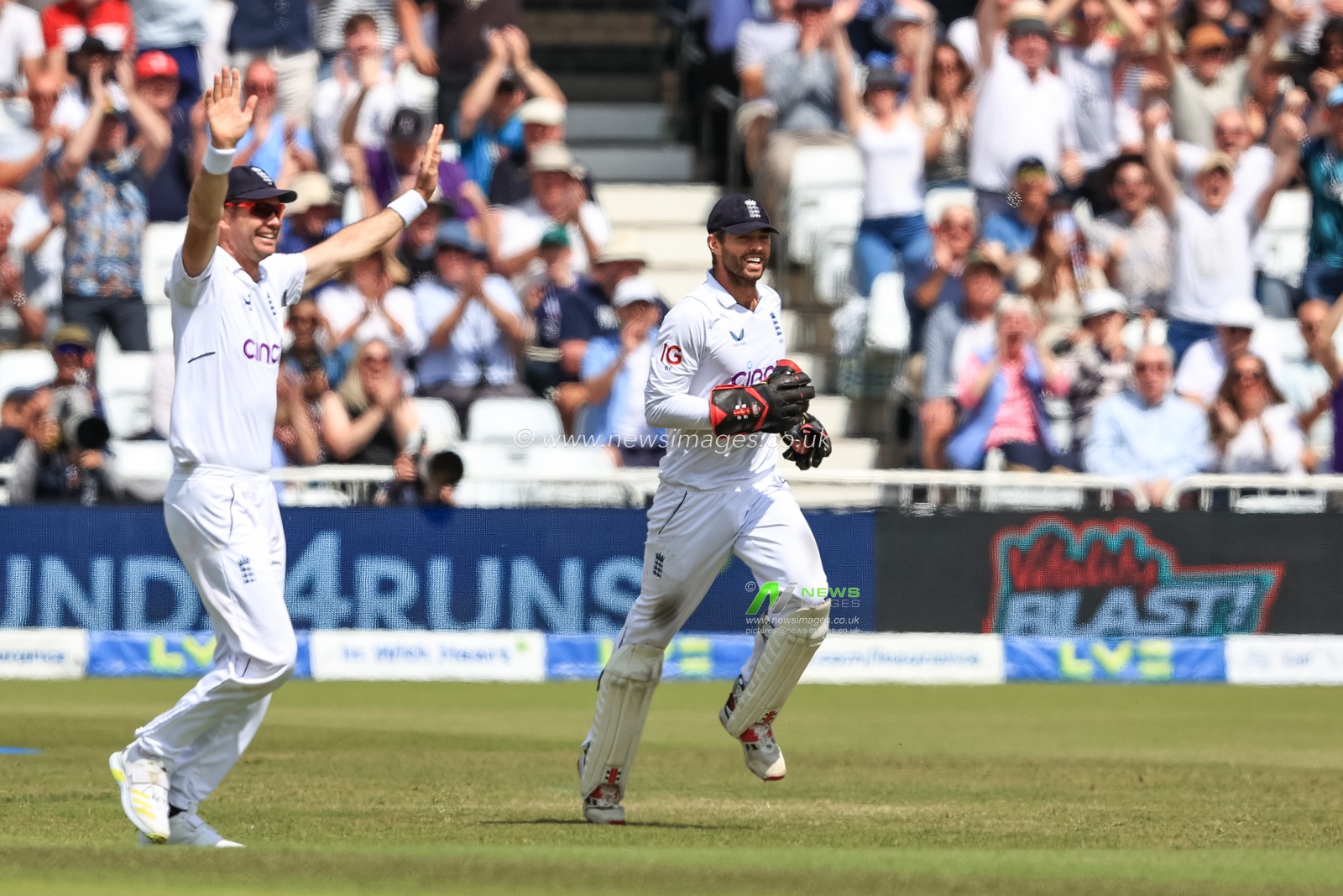 Ben Foakes of England celebrates catching Kyle Jamieson of New Zealand