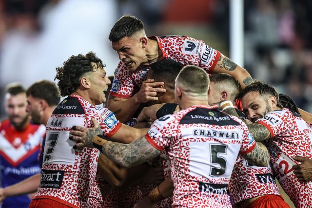 Isaac Liu of Leigh Leopards celebrates his try making it 10-0 during the Betfred Super League play-off Eliminator 1 match Leigh Leopards vs Wakefield Trinity at Progress With Unity Stadium, Leigh, United Kingdom, 26th September 2025

(Photo by Alfie Cosgrove/News Images)