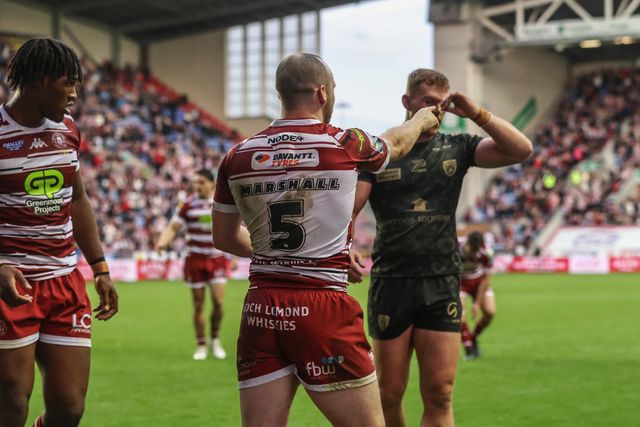Liam Marshall of Wigan Warriors celebrates his try during the Betfred Super League Semi-Finals match Wigan Warriors vs Leigh Leopards at The Brick Community Stadium, Wigan, United Kingdom, 5th October 2024

(Photo by Alfie Cosgrove/News Images)