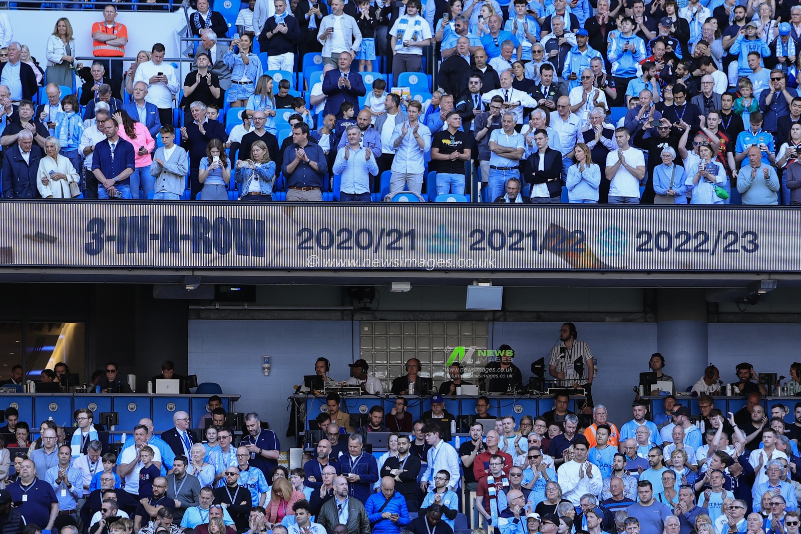 The City LED board celebrates three Premier League titles in a row after the Premier League match Manchester City vs Chelsea at Etihad Stadium, Manchester, United Kingdom, 21st May 2023

(Photo by Conor Molloy/News Images)