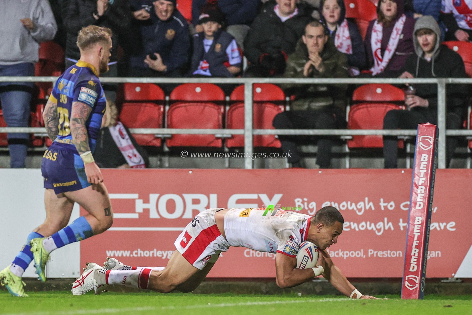 Will Hopoate #3 of St Helens goes over for a try during the Betfred Super League Round 7 match St Helens vs Wakefield Trinity at Totally Wicked Stadium, St Helens, United Kingdom, 31st March 2023

(Photo by Mark Cosgrove/News Images)