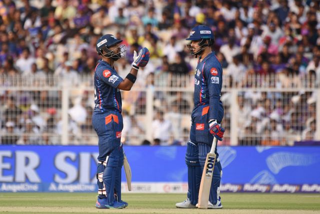Lucknow Super Giants' Nicholas Pooran, left, celebrates after scoring fifty runs at the Indian Premier League (IPL) 2025 cricket match between Kolkata Knight Riders and Lucknow Super Giants, at Eden Gardens, in Kolkata, West Bengal, Tuesday, April 8, 2025. Photo by Debajyoti Chakraborty.(Photo: Debajyoti Chakraborty/News Images)
