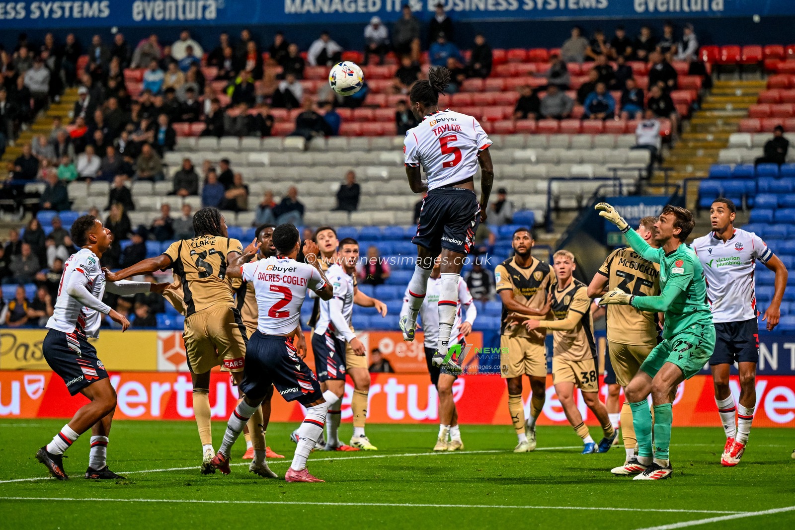 Richard Taylor of Bolton Wanderers  makes a headed clearance during the The Vertu Trophy match Bolton Wanderers vs Rotherham United at Toughsheet Community Stadium, Bolton, United Kingdom, 2nd September 2025

(Photo by Adam Gee/News Images)