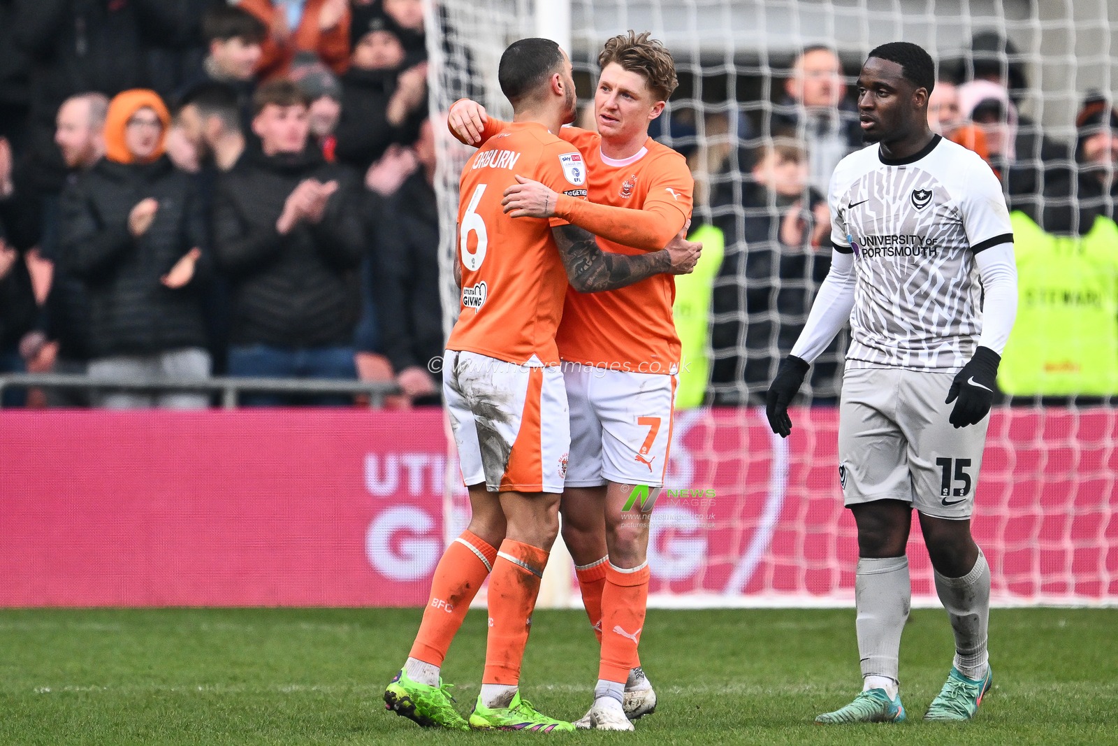 George Byers of Blackpool and Oliver Norburn of Blackpool embrace at the end of the Sky Bet League 1 match Blackpool vs Portsmouth at Bloomfield Road, Blackpool, United Kingdom, 9th March 2024

(Photo by Craig Thomas/News Images)