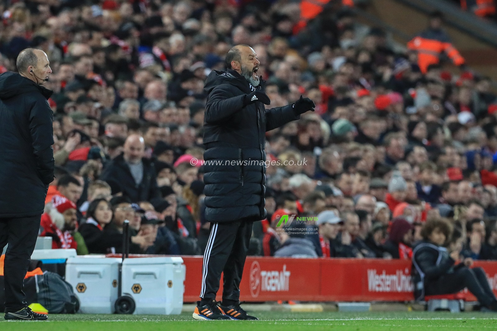 29th December 2019, Anfield, Liverpool, England; Premier League, Liverpool v Wolverhampton Wanderers : Nuno Espirito Santo manager of Wolverhampton Wanderers reacts after a Wolves break is given off-side

Credit: Mark Cosgrove/News Images