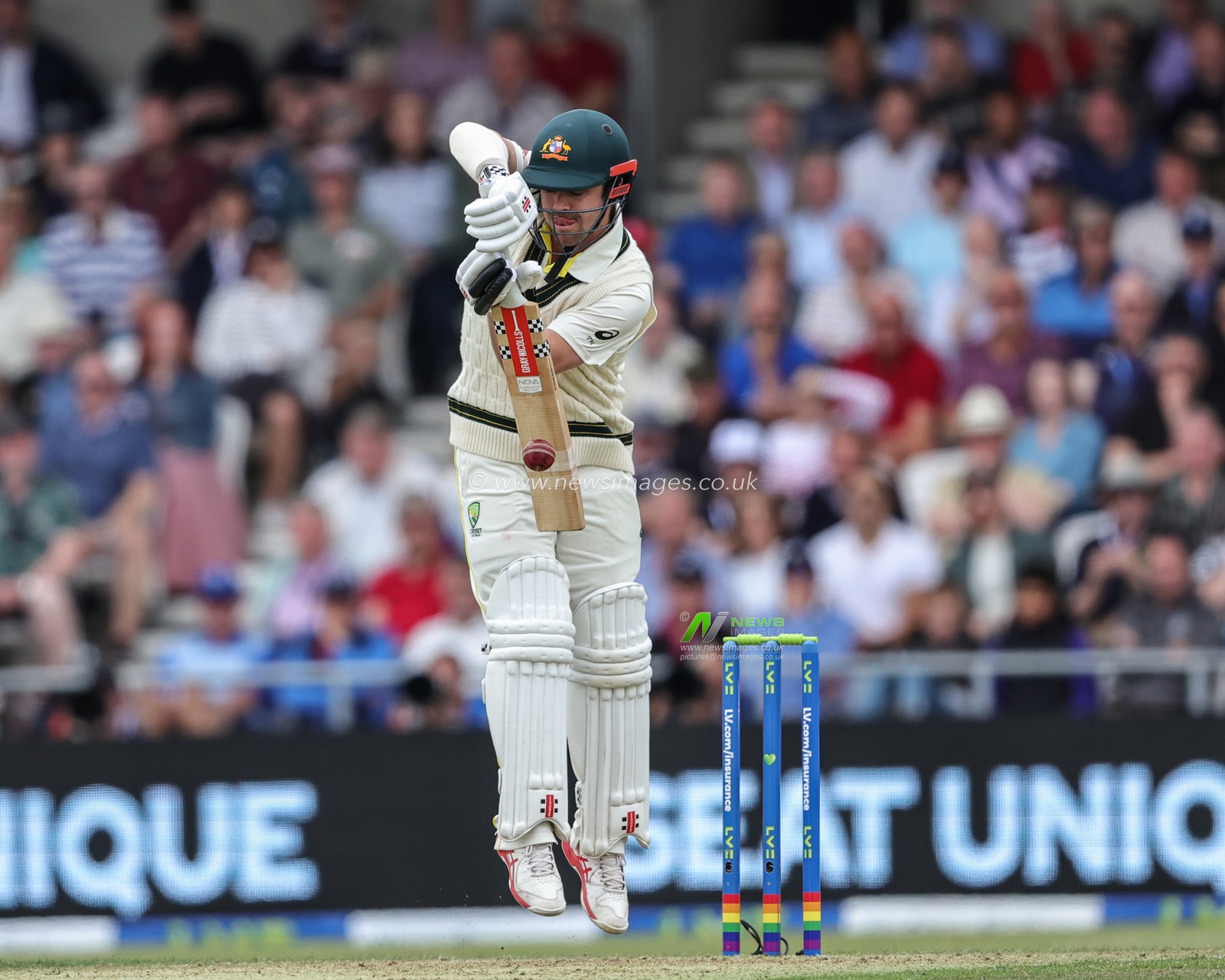 Travis Heada of Australia plays a safety shot during the LV= Insurance Ashes Third Test Series Day 1 England v Australia at Headingley Stadium, Leeds, United Kingdom, 6th July 2023

(Photo by Mark Cosgrove/News Images)