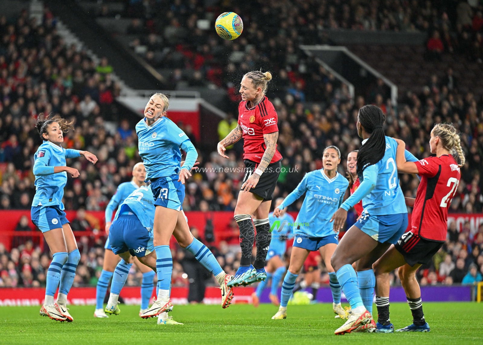 Leah Galton #11 of Manchester United Women heads the ball towards goal, during the The FA Women's Super League match Manchester United Women vs Manchester City Women at Old Trafford, Manchester, United Kingdom, 19th November 2023

(Photo by Cody Froggatt/News Images)