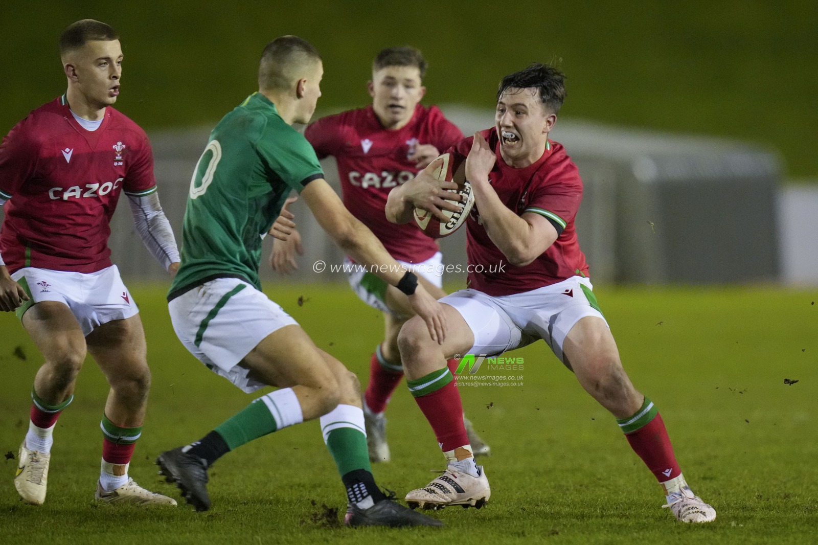 Harri Ackerman #12 of Wales cuts inside Sam Prendagast #10 of Ireland U20's during the 2023 U20 Six Nations match Wales vs Ireland at Stadiwm CSM, Colwyn Bay, United Kingdom, 3rd February 2023

(Photo by Steve Flynn/News Images)