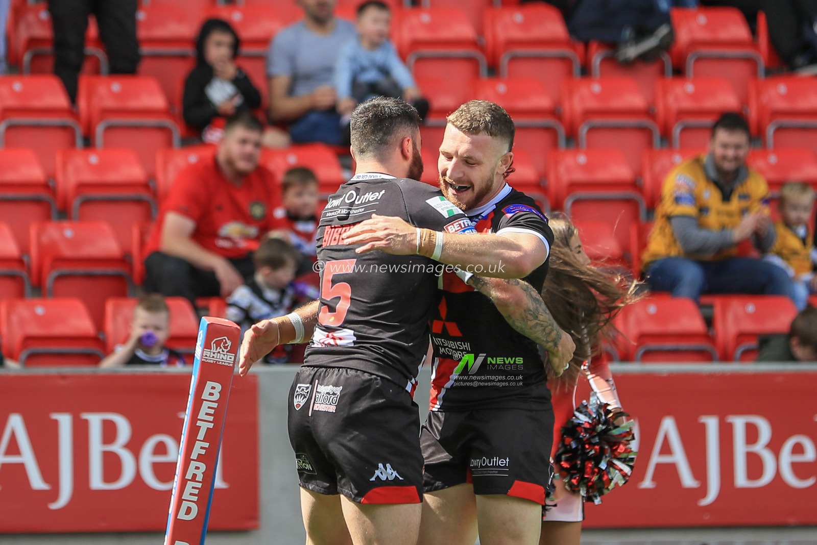 16th June 2019 ,  AJ Bell Stadium, Salford, England;  Betfred Super League, Round 18, Salford Red Devils vs Wakefield Trintiny ; Jake Bibby (5) of Salford Red Devils celebrates his try 

Credit: Mark Cosgrove/News Images
