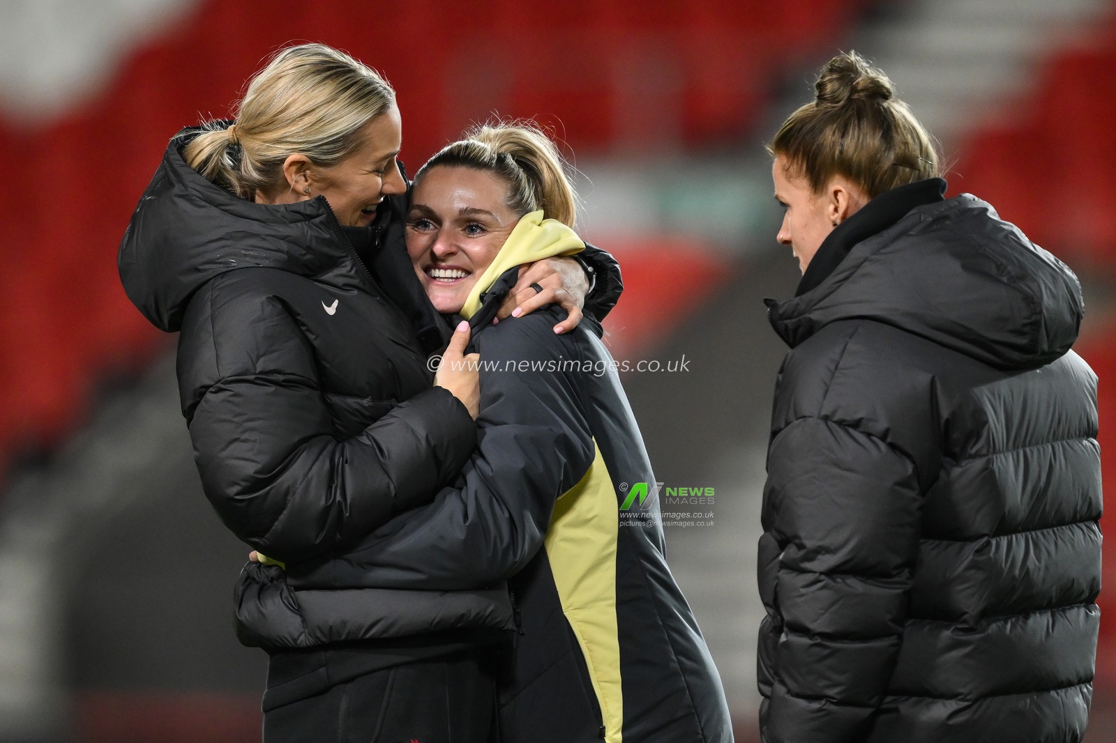 Gemma Bonner of Liverpool and Melissa Lawley of Everton embrace as both sides arrive ahead of the Women's League Cup - Group Stage - Group A Liverpool Women v Everton Women at St Helens Stadium, St Helens, United Kingdom, 11th December 2024

(Photo by Craig Thomas/News Images)