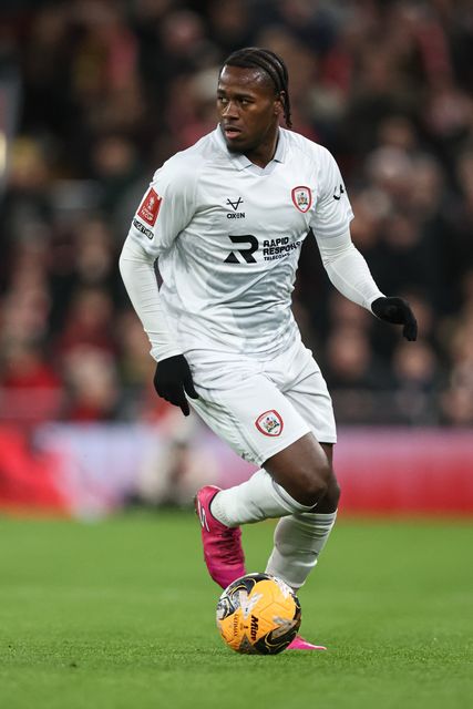 Reyes Cleary of Barnsley with the ball during the Emirates FA Cup Third Round match Liverpool vs Barnsley at Anfield, Liverpool, United Kingdom, 12th January 2026

(Photo by Alfie Cosgrove/News Images)