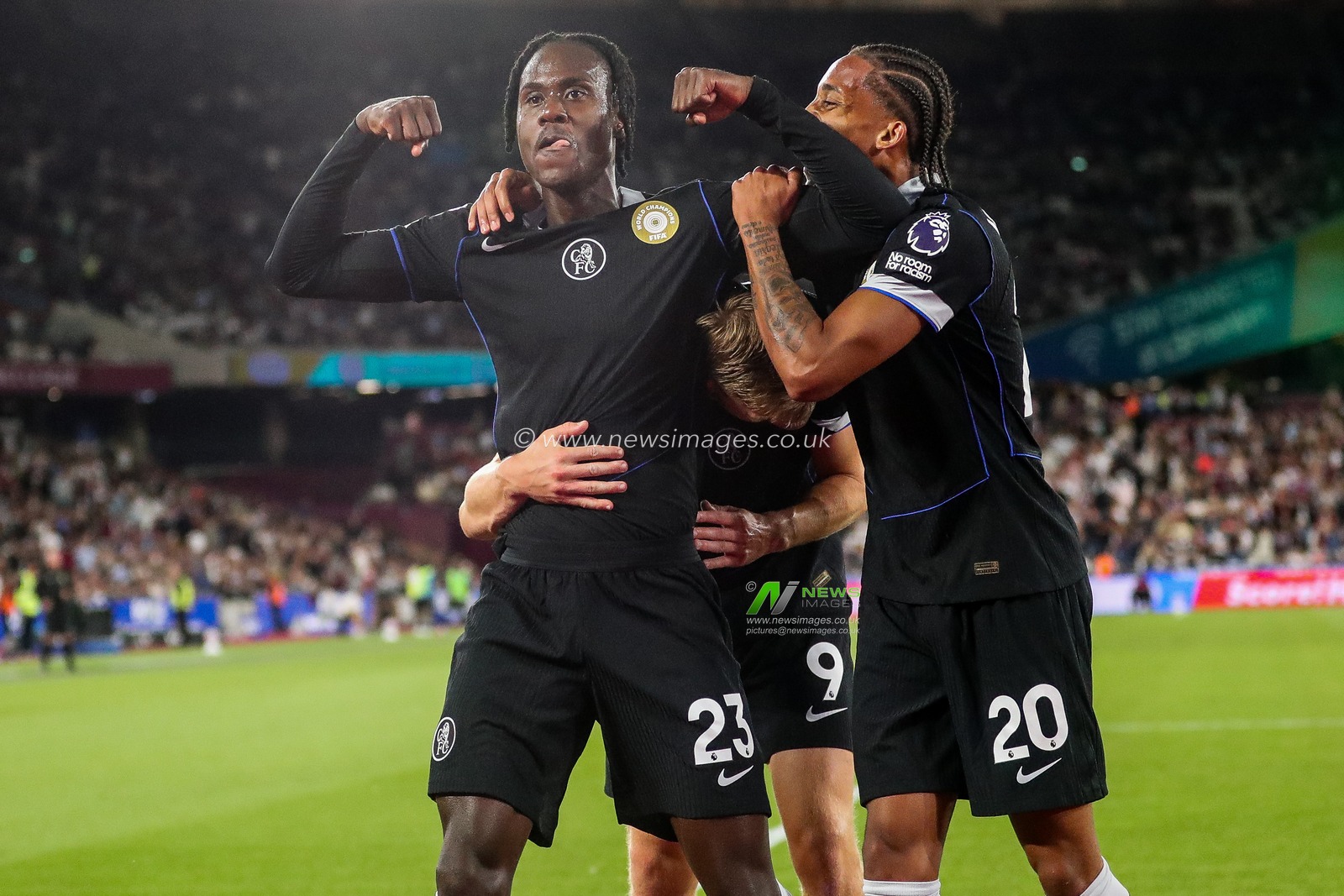 Trevoh Chalobah of Chelsea celebrates his goal with teammates to make it 1-5 during the Premier League match West Ham United vs Chelsea at London Stadium, London, United Kingdom, 22nd August 2025

(Photo by Izzy Poles/News Images)