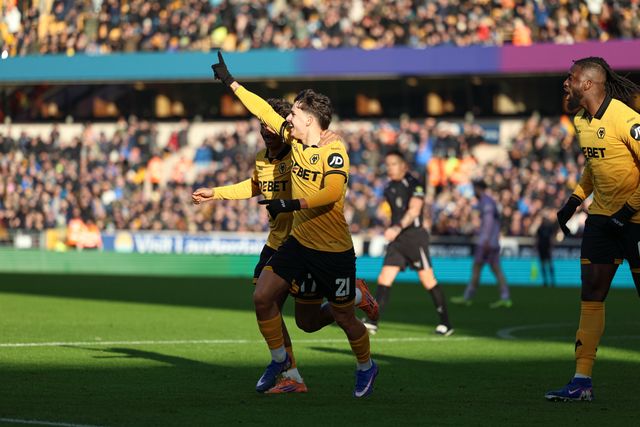 Rodrigo Gomes of Wolverhampton Wanderers celebrates scoring during the Emirates FA Cup Third Round match Wolverhampton Wanderers vs Shrewsbury Town at Molineux, Wolverhampton, United Kingdom, 10th January 2026

(Photo by Euan Manning/News Images)