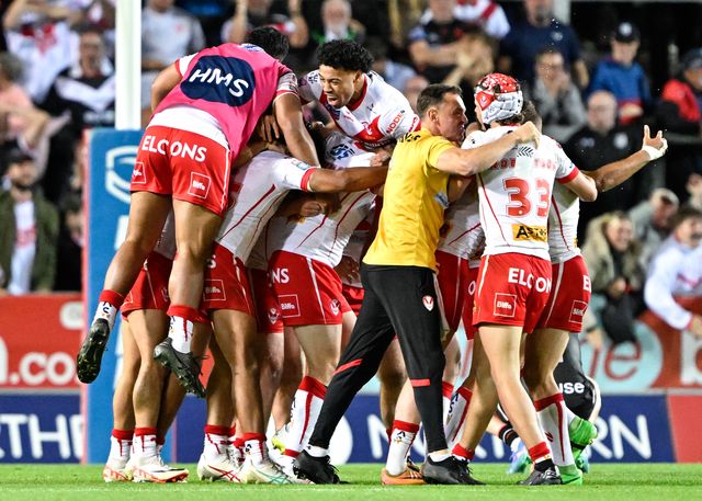 St Helens celebrates Moses Mbye of St. Helens drop goal to make it 17-16 St Helens during the Betfred Super League Round 21 match St Helens vs Salford Red Devils at Totally Wicked Stadium, St Helens, United Kingdom, 8th August 2024

(Photo by Cody Froggatt/News Images)
