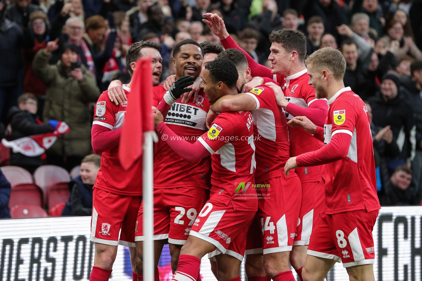 Chuba Akpom #29 of Middlesbrough celebrates his goal with his team mates and makes the score 1-0 during the Sky Bet Championship match Middlesbrough vs Watford at Riverside Stadium, Middlesbrough, United Kingdom, 28th January 2023

(Photo by James Heaton/News Images)