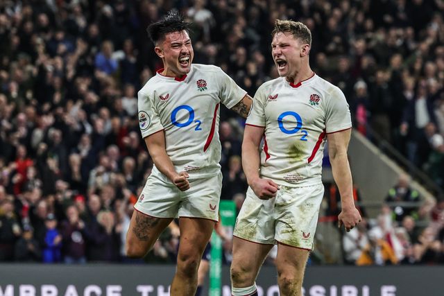 Fraser Dingwall of England celebrates his try during the Quilter Nations Series 2025 match England vs New Zealand at Allianz Stadium, Twickenham, United Kingdom, 15th November 2025

(Photo by Mark Cosgrove/News Images)

*** GER AUT SUI OUT ***