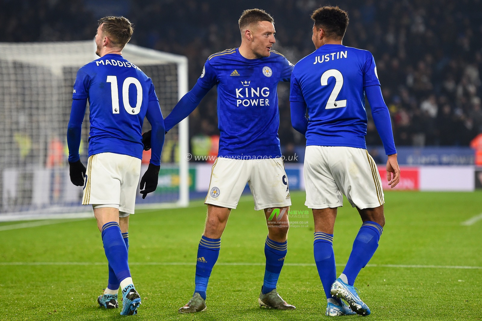 4th December 2019, King Power Stadium, Leicester, England; Premier League, Leicester City v Watford : Jamie Vardy (9) of Leicester City celebrates with James Justin after James Maddison (10) of Leicester City scored to make it 2-0

Credit: Jon Hobley/News Images