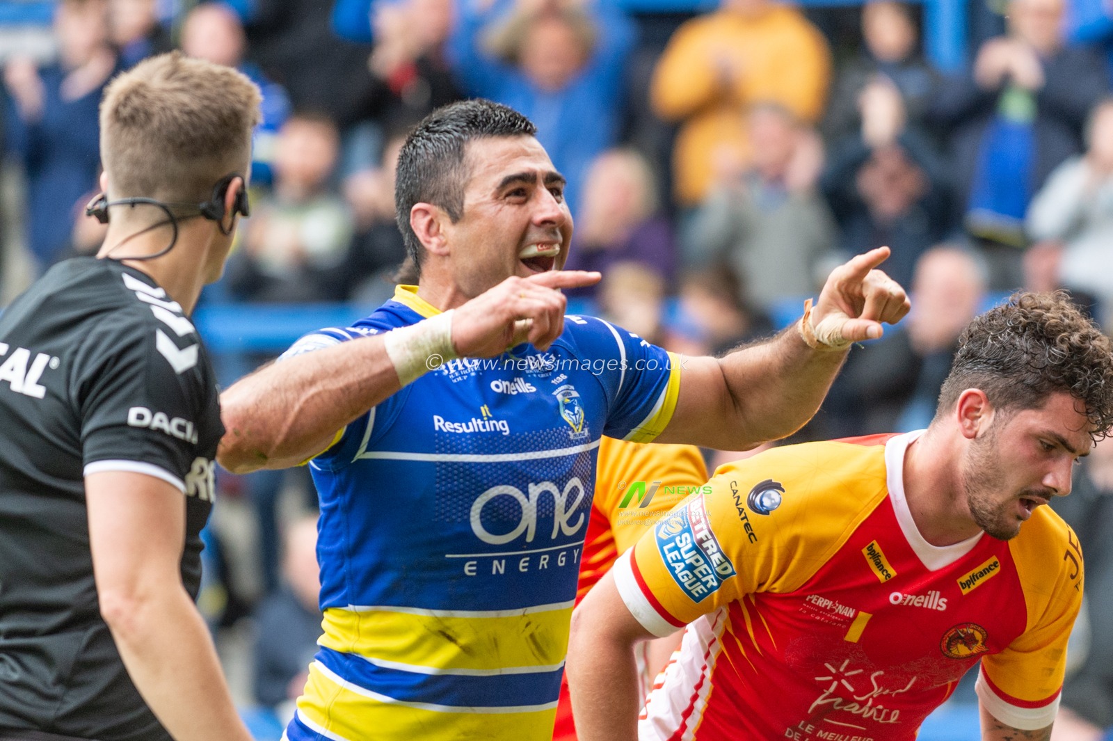 8th June 2019 , Halliwell Jones Stadium, Warrington, England;  Betfred Super League, Round 17, Warrington Wolves vs Catalans Dragons ; Bryson Goodwin of Warrington Wolves celebrates his 100th try


Credit: Richard Long/News Images