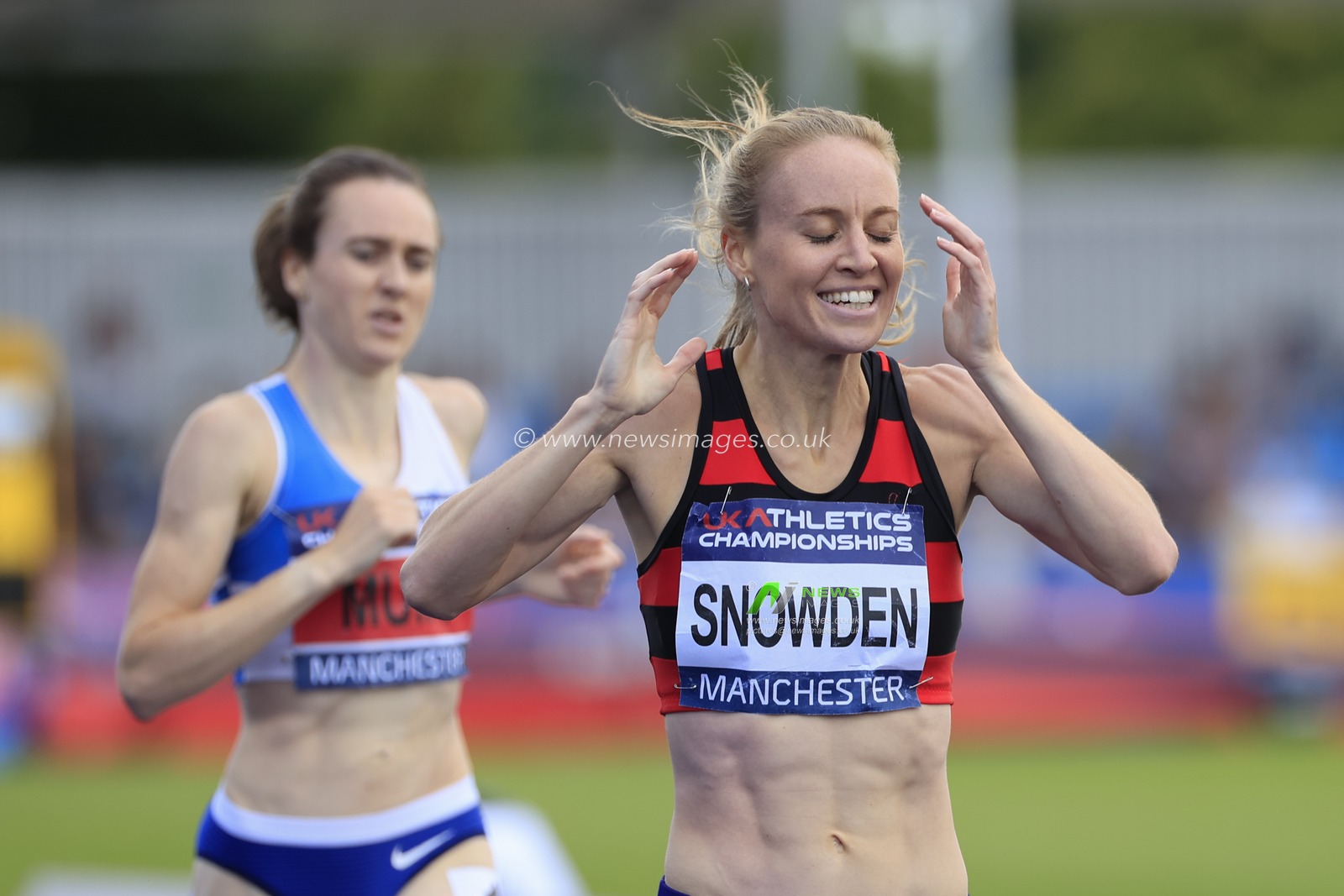 Katie Snowden overtakes Laura Muir in the final few metres of the womenâ€™s 1500m final to clinch the gold medal during the UK Athletics Championships at Manchester Regional Arena, Manchester, United Kingdom, 9th July 2023

(Photo by Conor Molloy/News Images)