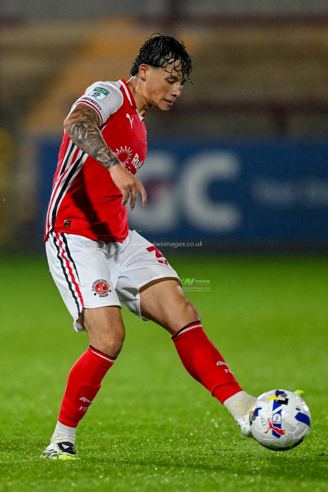 Kayden Hughes of Fleetwood Town  passes the ball during the The Vertu Trophy match Fleetwood Town vs Leeds United Academy at Highbury Stadium, Fleetwood, United Kingdom, 7th October 2025

(Photo by Adam Gee/News Images)