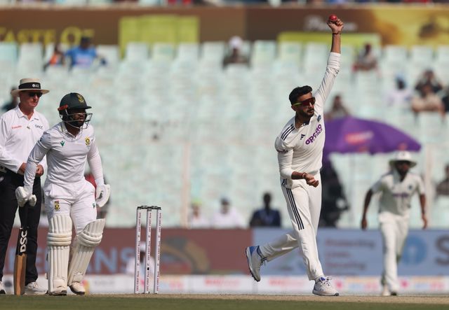 Bowler Axar Patel of India , Teamba Bavuma (Captain) of South Africa   during the IDFC First Bank Test Day 3 match India vs South Africa at Eden Gardens, Kolkata, India, 16th November 2025

(Photo by Shubhajit Roy Karmakar/News Images)