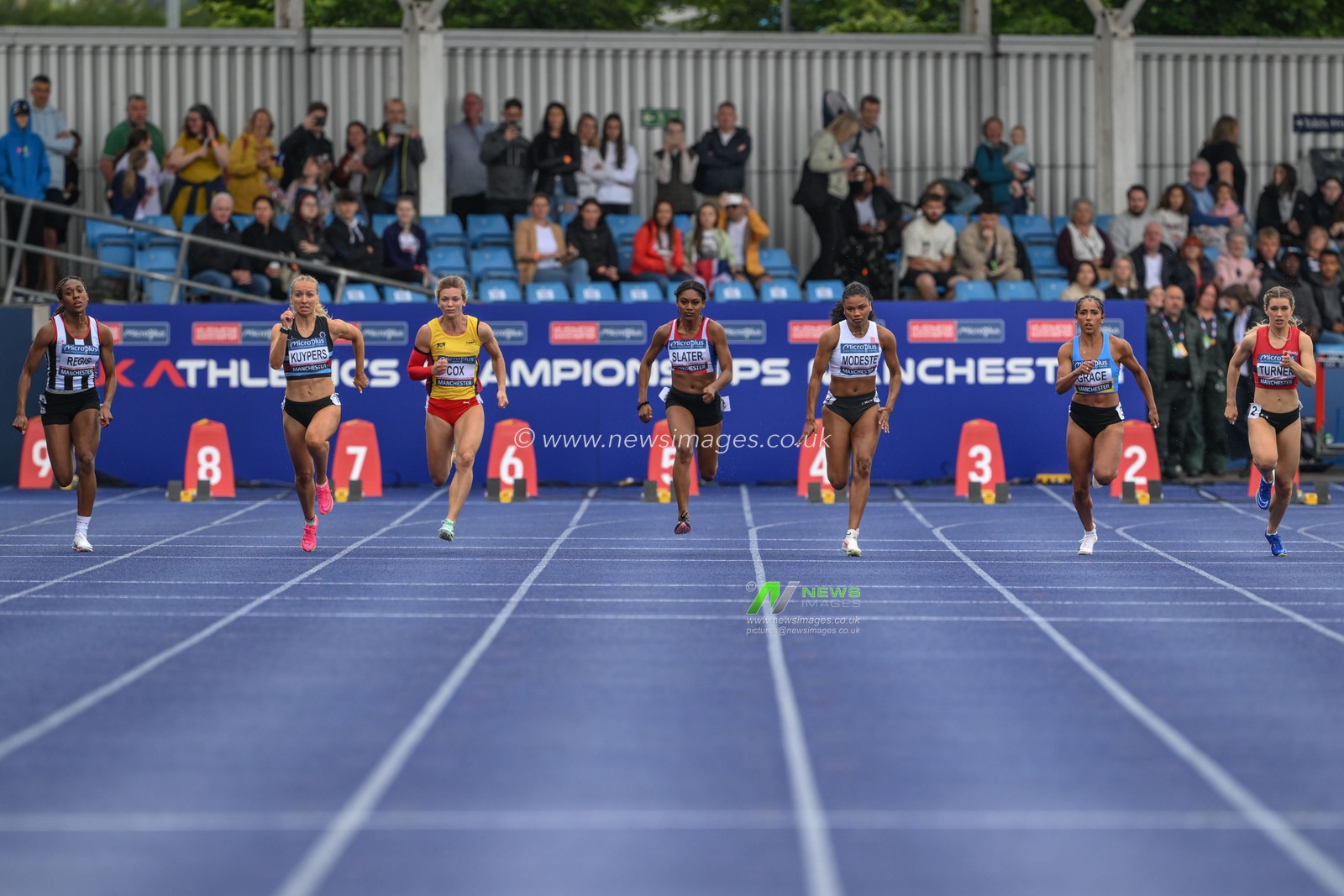 First Heat o the womenâ€™s 100m during the Microplus UK Athletics Championships Day 1 at Manchester Regional Arena, Manchester, United Kingdom, 29th June 2024

(Photo by Craig Thomas/News Images)
