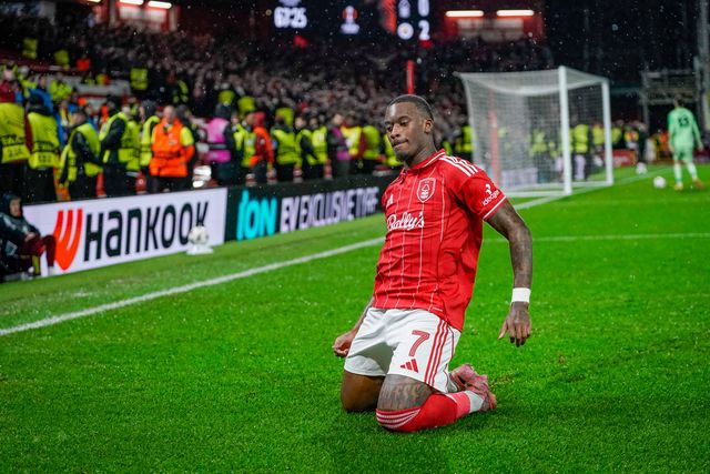 Callum Hudson-Odoi of Nottingham Forest celebrates his goal to make it  1-2 during the UEFA Europa League 
Knockout Round Play-offs match Nottingham Forest vs Fenerbahce at City Ground, Nottingham, United Kingdom on 26 February 2026

(Photo by Maynard Manyowa/News Images)