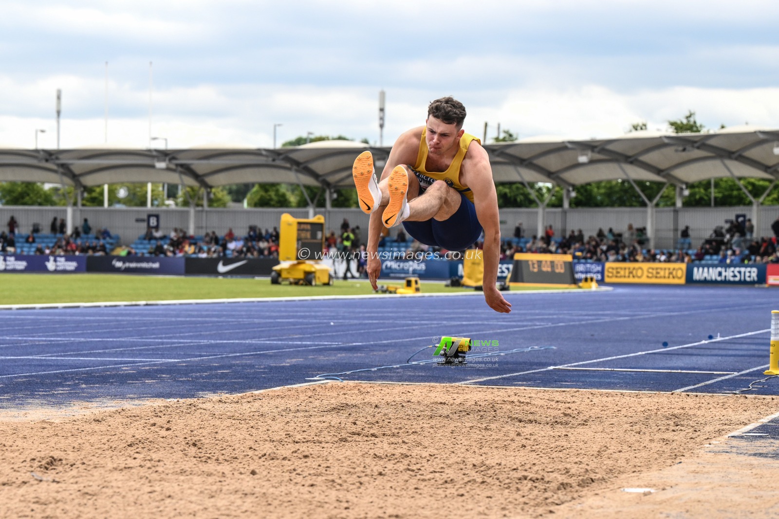 A competitor in the Mens long jump during the Microplus UK Athletics Championships Day 1 at Manchester Regional Arena, Manchester, United Kingdom, 29th June 2024

(Photo by Craig Thomas/News Images)