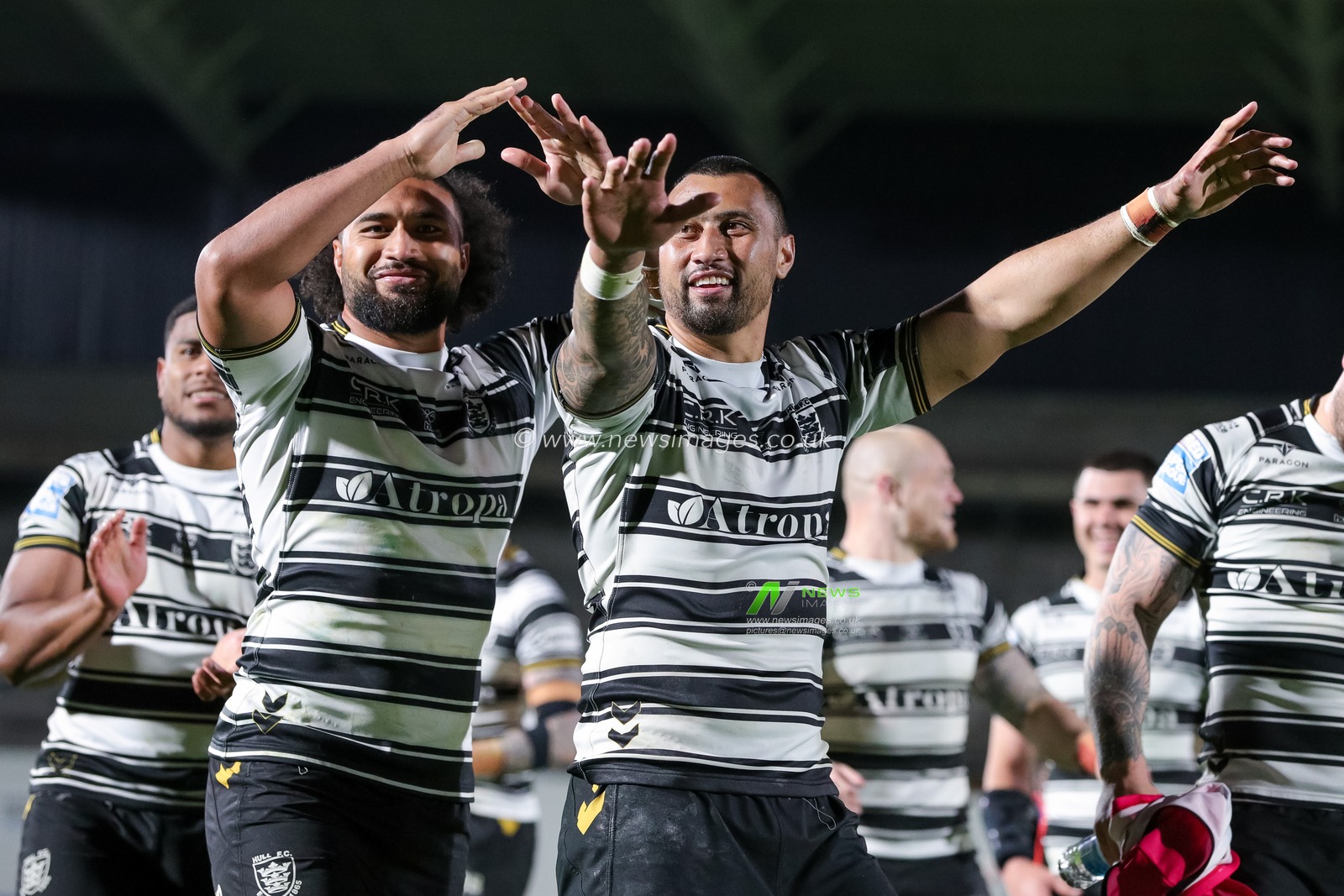 Chris Satae #10 of Hull FC and Ligi Sao #8 of Hull FC celebrate in front of the travelling fans after the Betfred Super League Round 12 match Wakefield Trinity vs Hull FC at The Be Well Support Stadium, Wakefield, United Kingdom, 11th May 2023

(Photo by James Heaton/News Images)
