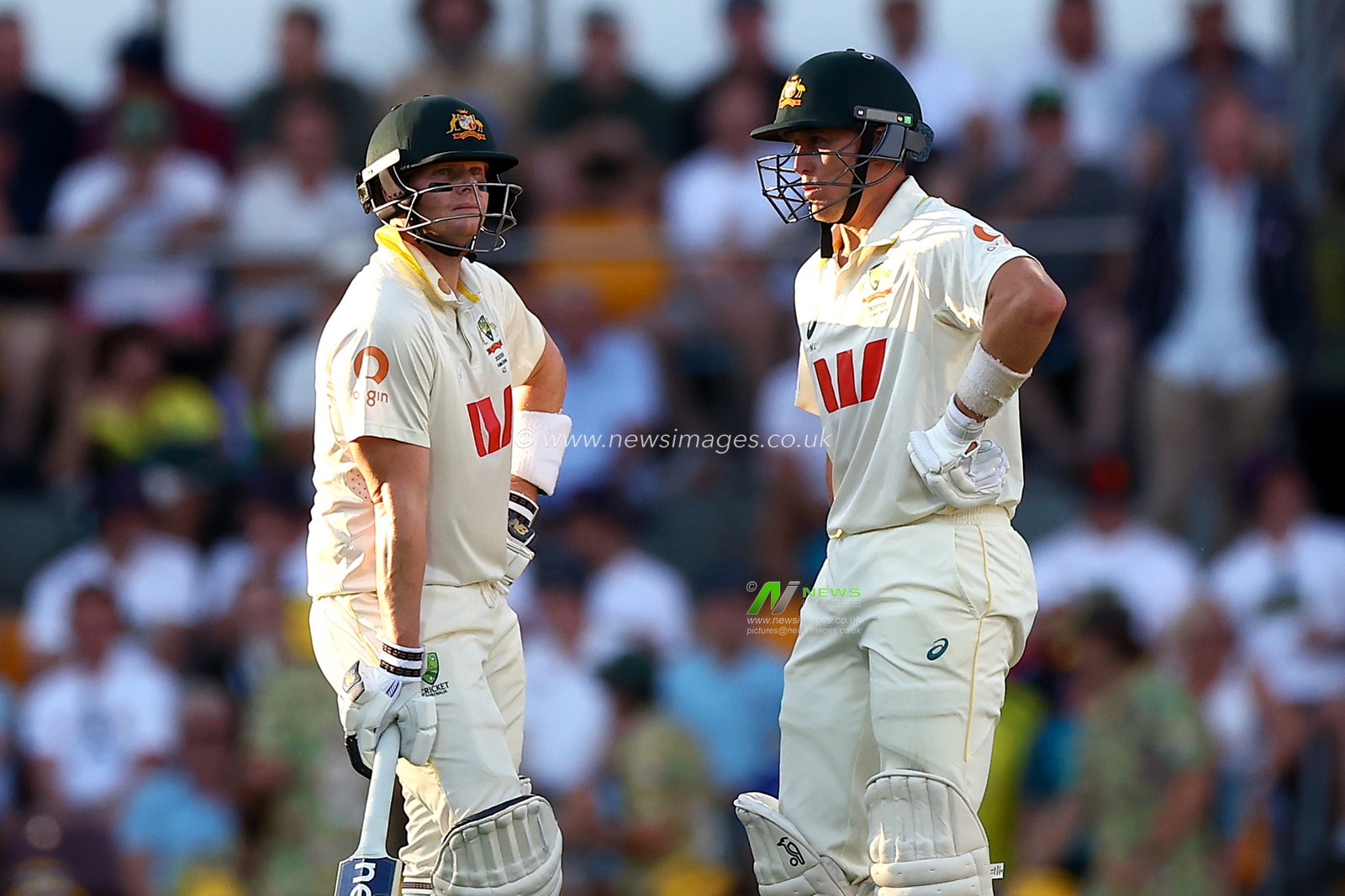 Steve Smith of Australia  and Marnus Labushchagne of Australia  are seen during the NRMA Insurance Ashes Second Test Day 2 Australia vs England at The Gabba, Brisbane Cricket Ground, Brisbane, Australia, 5th December 2025

(Photo by Pat Hoelscher/News Images)

*** GER AUT SUI OUT ***