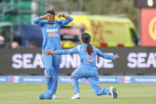 Jemimah of India celebrates the wicket of Charlie Dean of England during the 3rd Metro Bank One Day International England Women vs India Women at Banks Homes Riverside Stadium, Chester-le-street, United Kingdom, 22nd July 2025

(Photo by Alfie Cosgrove/News Images)