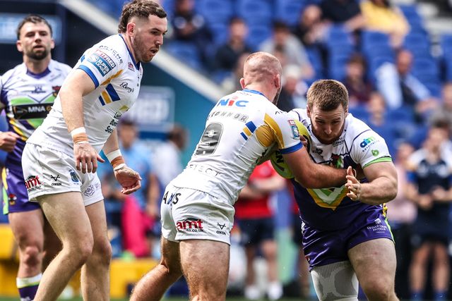 Ebon Scurr of Bradford Bulls is tackled by Jarrod O'Connor of Leeds Rhinos during the Betfred Super League Magic Weekend match Leeds Rhinos vs Bradford Bulls at Hill Dickinson Stadium, Liverpool, United Kingdom on 05 July 2026

(Photo by Alfie Cosgrove/News Images)