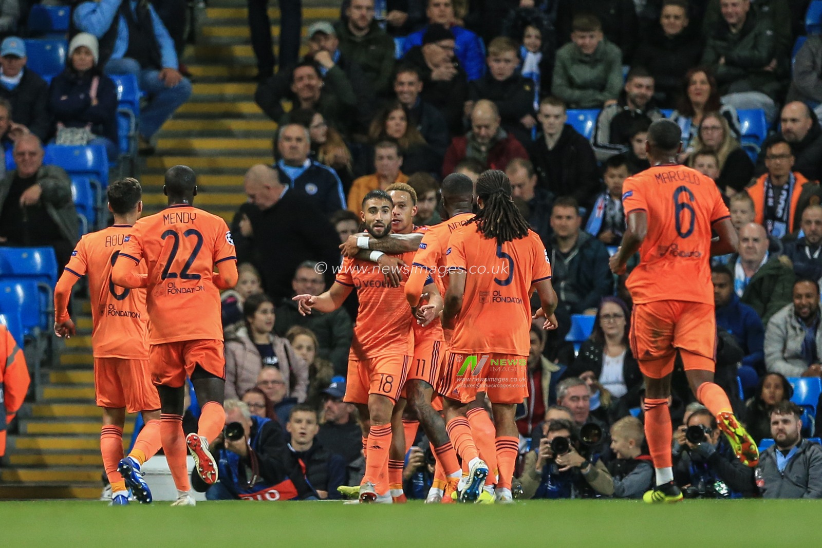 19th September 2018, Etihad Stadium, London, England; UEFA Champions League, Manchester City v Lyon; Nabil Fekir (18) of Lyon celebrates his goal to make it 0-2

Credit: Mark Cosgrove/News Images