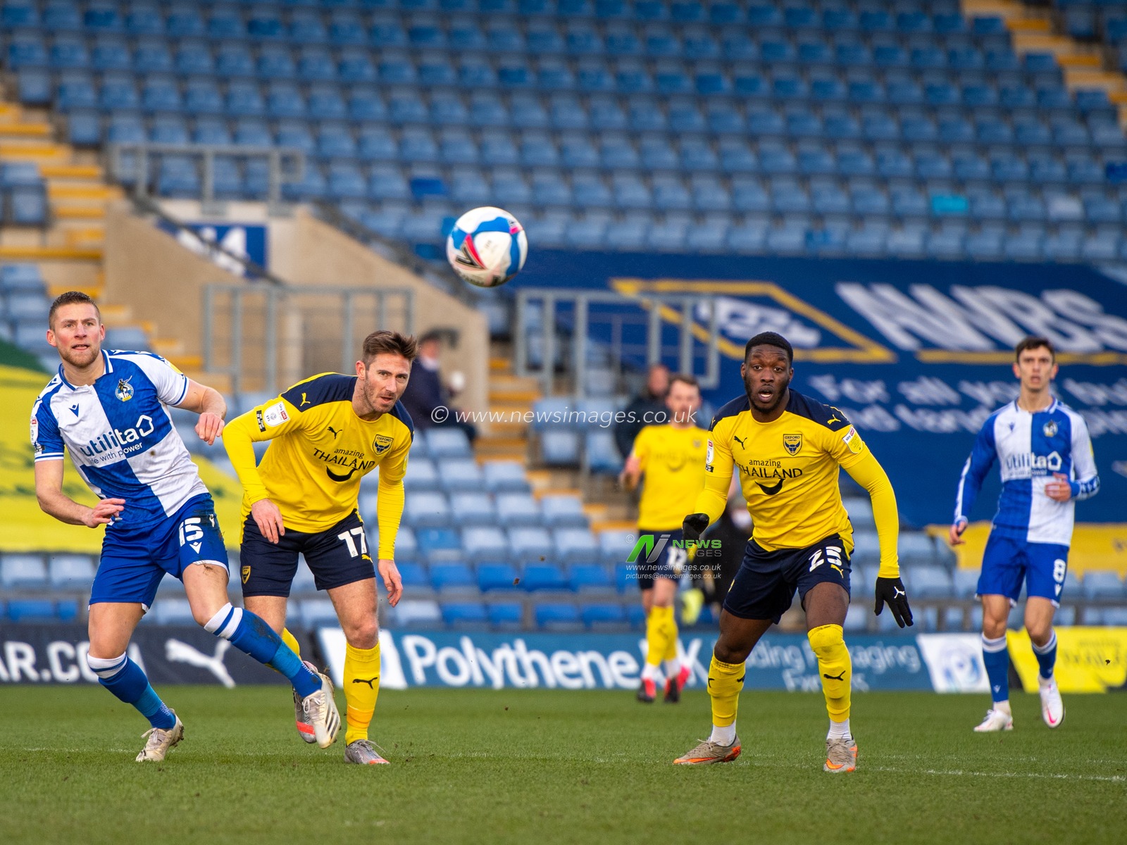 Alfie Kilgour #15 of Bristol Rovers heads the ball away from danger for a Oxford Utd corner