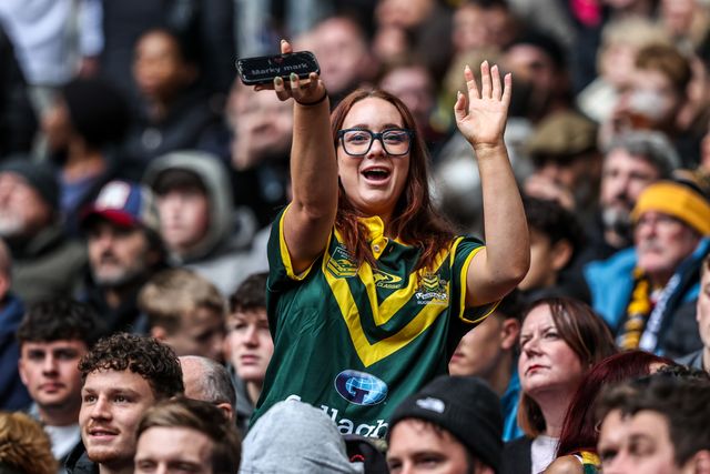 Australia fans celebrate as Reece Walsh of Australia goes over for a try during the The Ashes Series 2025 England vs Australia at Wembley Stadium, London, United Kingdom, 25th October 2025

(Photo by Alfie Cosgrove/News Images)