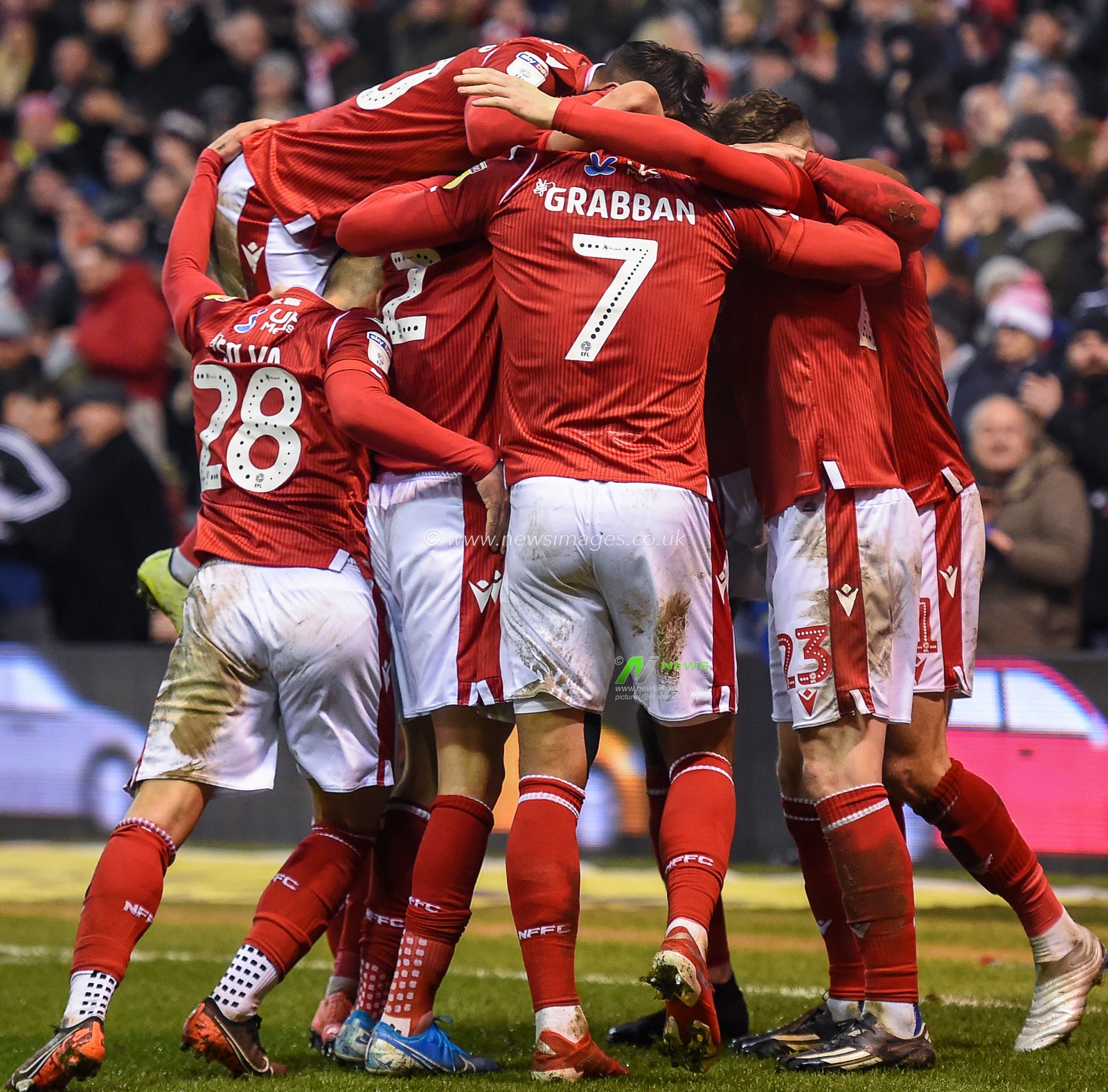 22nd January 2020, City Ground, Nottingham, England; Sky Bet Championship, Nottingham Forest v Reading : The Reds celebrate after Lewis Grabban (7) of Nottingham Forest scored a goal to make it 1-0