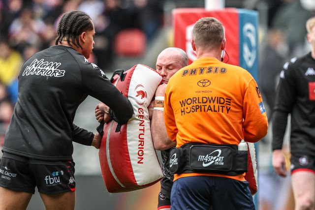 Liam Marshall of Wigan Warriors in the pre-game warm up during the Betfred Super League round 7 match St Helens vs Wigan Warriors at The BrewDog Stadium, St Helens, United Kingdom on 03 April 2026

(Photo by Alfie Cosgrove/News Images)
