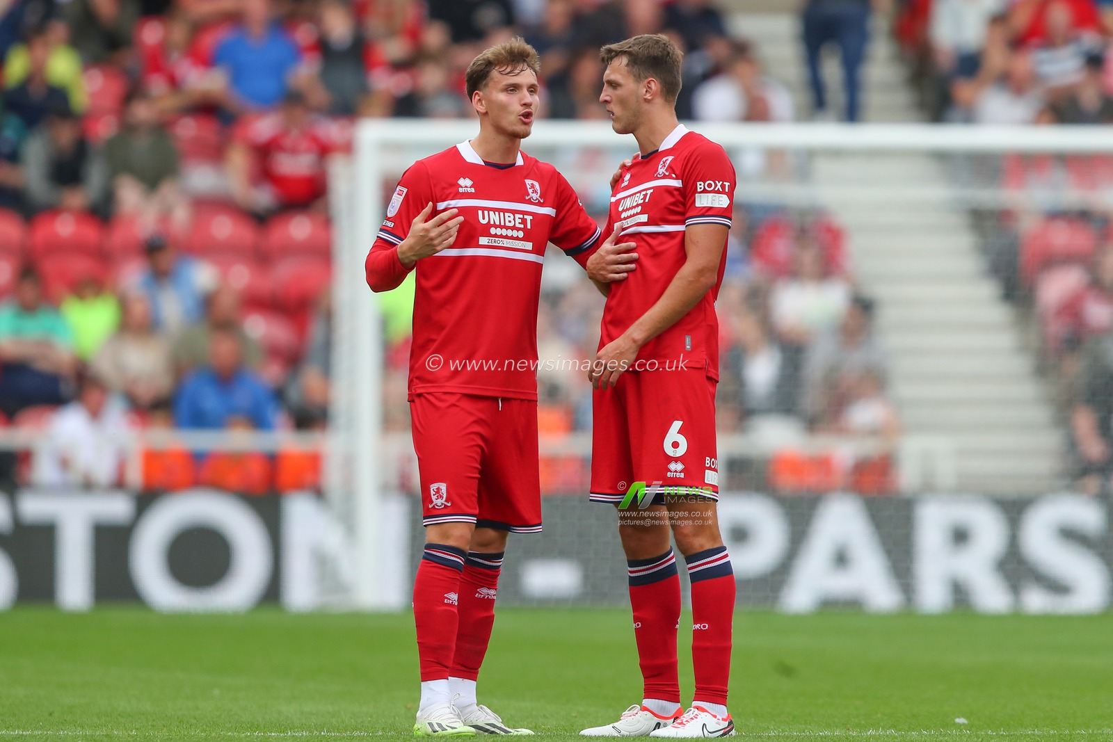 Rav van den Berg #3 of Middlesbrough talks with Dael Fry #6 of Middlesbrough during the Sky Bet Championship match Middlesbrough vs Huddersfield Town at Riverside Stadium, Middlesbrough, United Kingdom, 19th August 2023

(Photo by Gareth Evans/News Images)