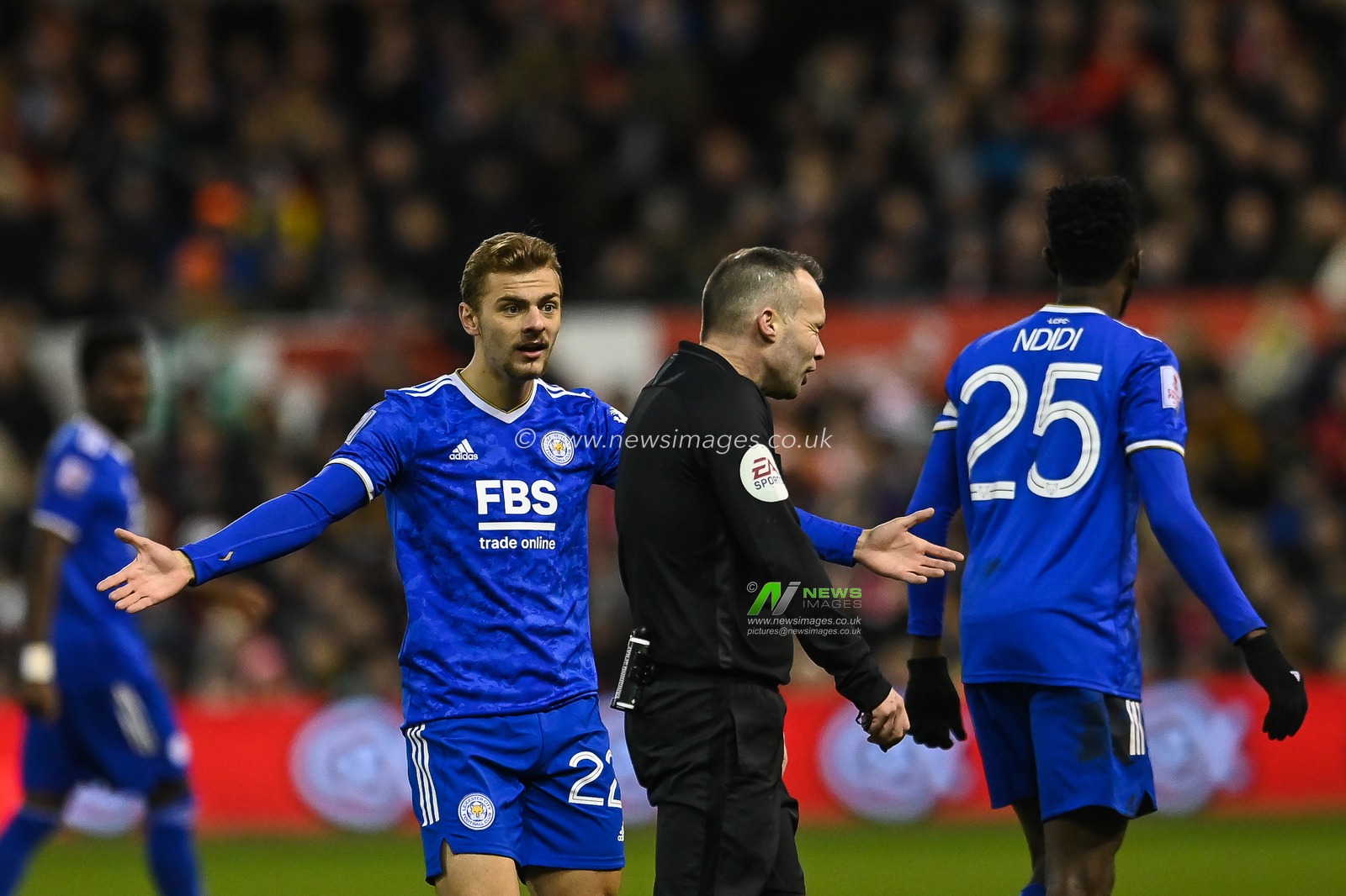 Kiernan Dewsbury-Hall #22 of Leicester City appeals to Referee Michael Salisbury
