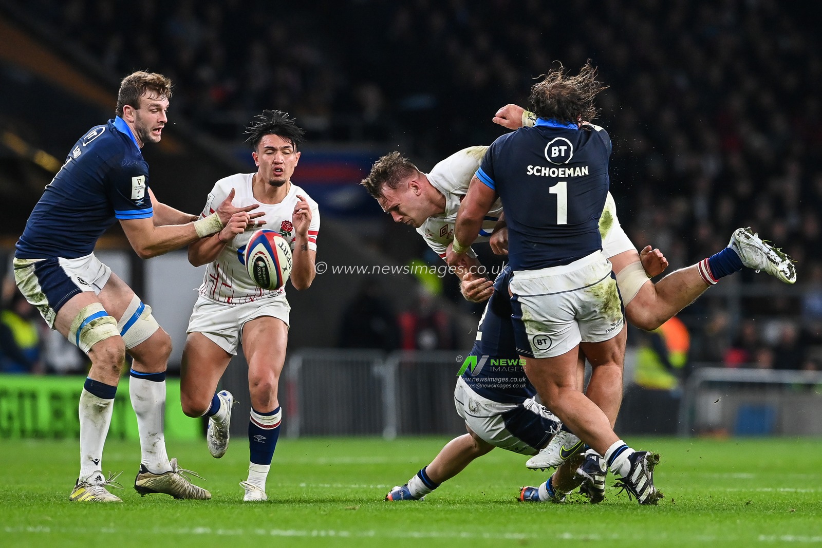 Alex Dombrandt of England spills the ball in the tack by Pierre Schoeman of Scotland during the 2023 Guinness 6 Nations match England vs Scotland at Twickenham Stadium, Twickenham, United Kingdom, 4th February 2023

(Photo by Craig Thomas/News Images)