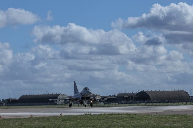 A RAF Eurofighter Typhoon FGR Mk4 taxies back to the pan during a flight training day at RAF Coningsby, Coningsby, United Kingdom, 22nd September 2025

(Photo by Mark Cosgrove/News Images)